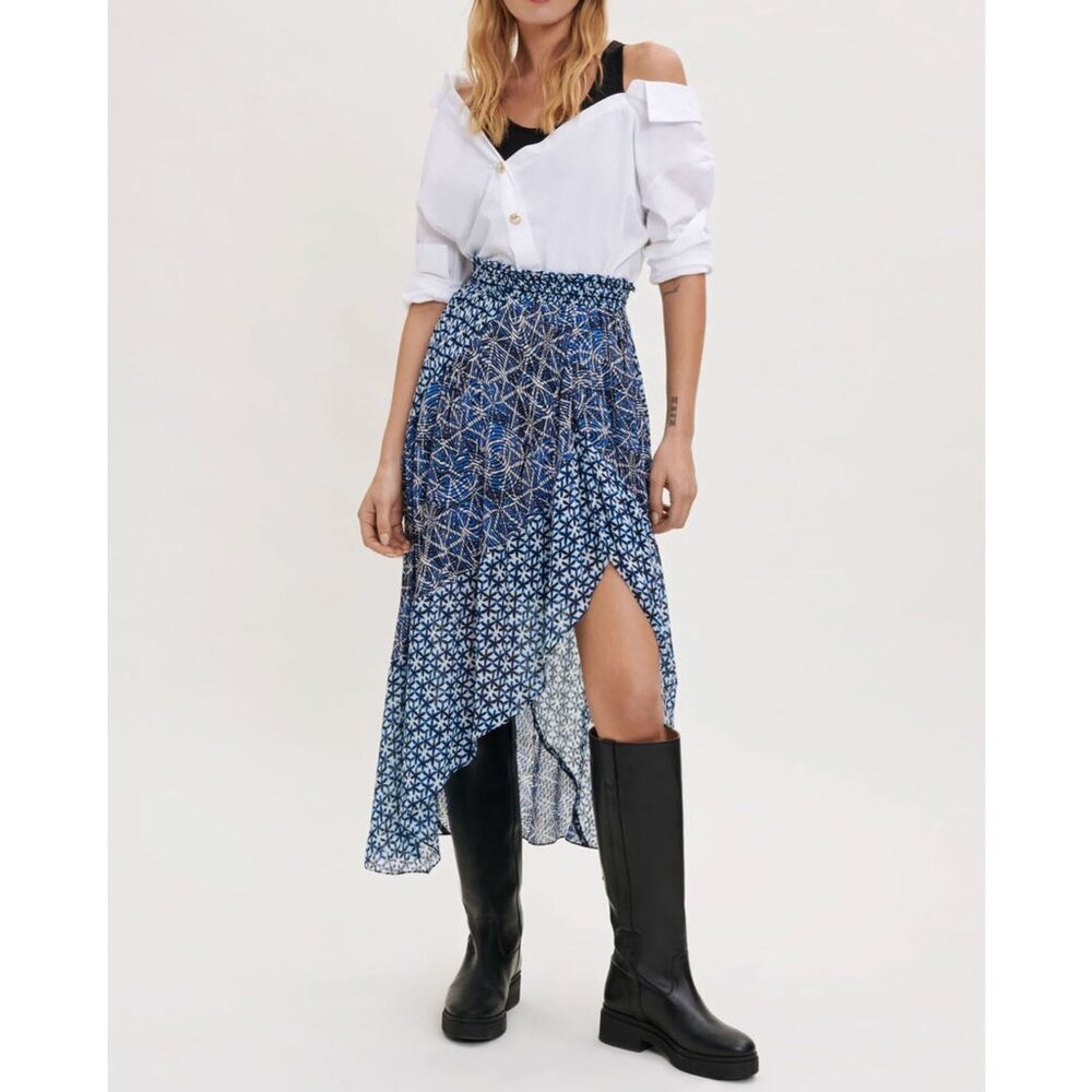 Maje Printed Viscose Elasticated Skirt Blue x White Size 36 (US S)